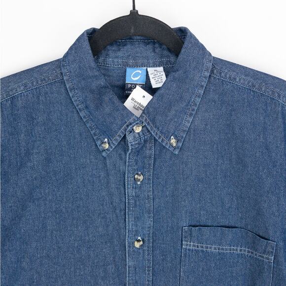 Men’s XL Denim Shirt Relaxed Fit Long Sleeve Button Down Workwear Dark Wash NWT - Picture 2 of 12